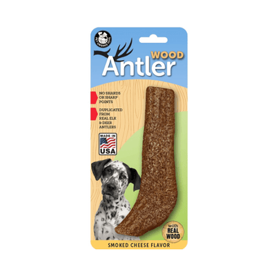 Pet Qwerks Wood Antler Smoked Cheese real wood dog chew toy