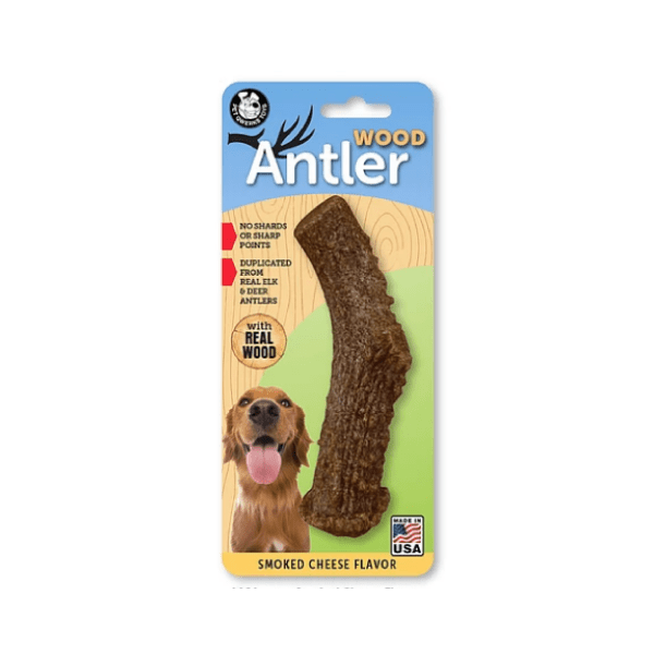 Pet Qwerks Wood Antler Smoked Cheese real wood dog chew toy