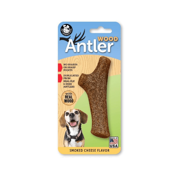 Pet Qwerks Wood Antler Smoked Cheese real wood dog chew toy