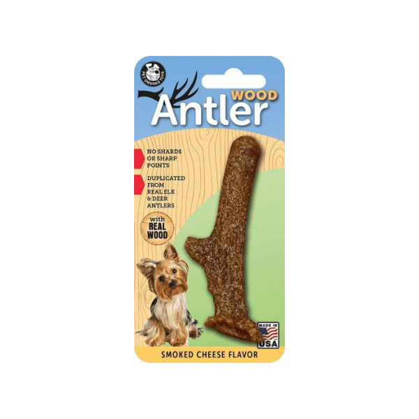 Pet Qwerks Wood Antler Smoked Cheese real wood dog chew toy